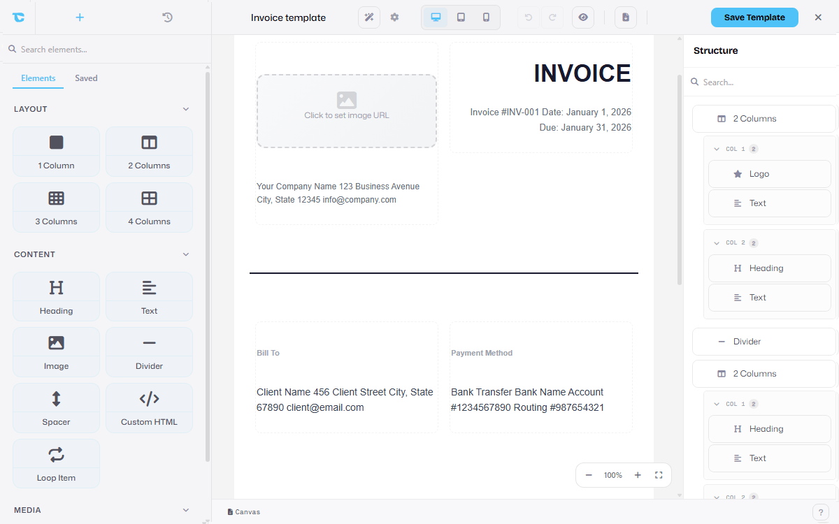 The TrueCommander Email Builder with a WooCommerce PDF invoice template open on the canvas