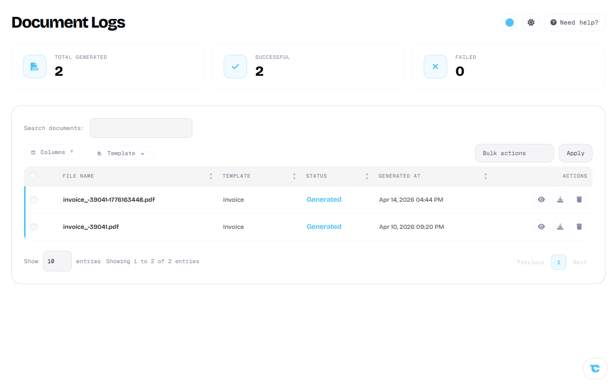 The TrueCommander document log listing generated WooCommerce PDF invoices with their status and timestamp