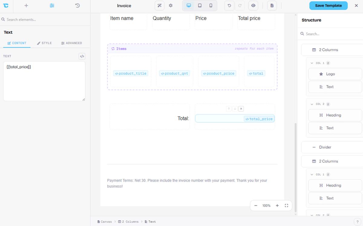 A WooCommerce PDF invoice template in the TrueCommander builder, with dynamic tags pulling live order data into the invoice fields